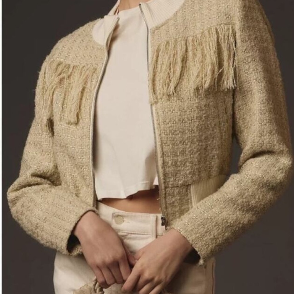 MOTHER tweed bomber style fringe jacket NWOT size small gold cream